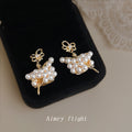 Gold Pearl Ballet Girl Bow Figure Drop Stud Earrings view 6