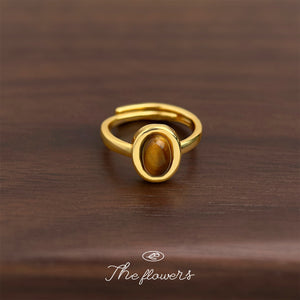 Adjustable Gold-Plated Brass Ring with Oval Tiger's Eye Center