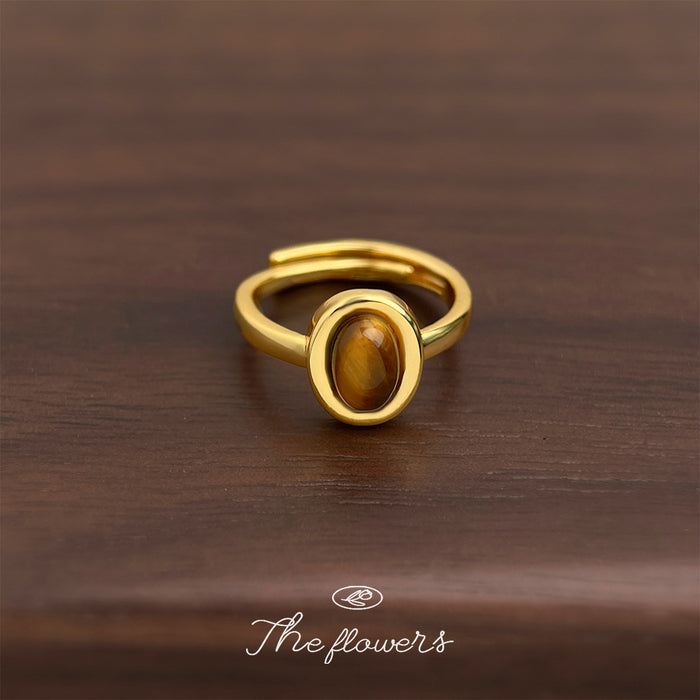 Gold Tone Tiger Eye Oval Center Double Band Ring For Women