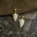 Gold Tone Glass Pearl Grape Cluster Drop Stud Earrings view 4