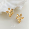 Gold Ribbon Petal Flower Stud Earrings Center Crystal Accent view 6