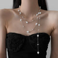 Silver Baroque Pearl Station Long Multi Layer Necklace view 4