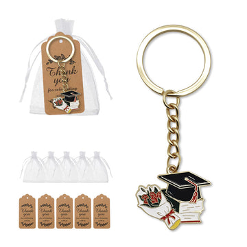 Enamel Graduation Cap Books Bouquet Keychain Gold Ring