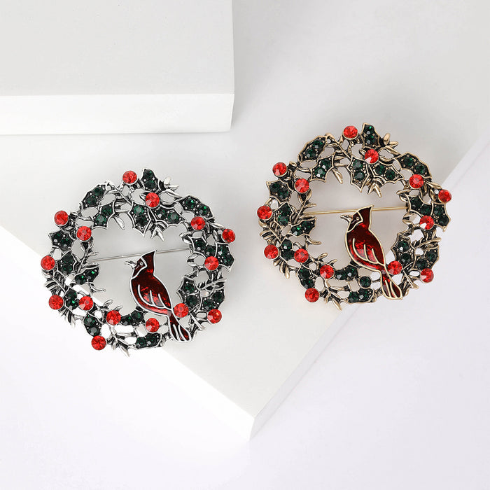 Jeweled Bird Wreath Brooch in Gold and Silver Tones