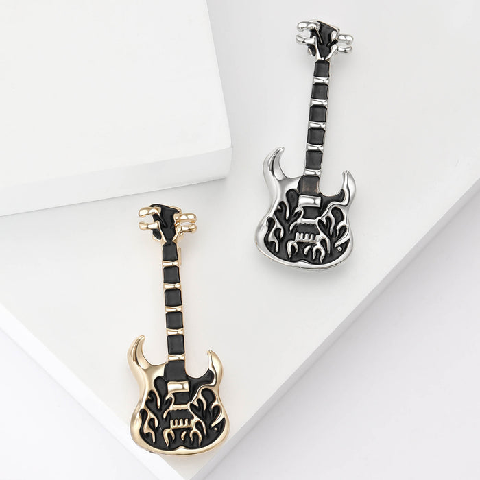 Black Electric Guitar Enamel Brooch In Silver And Gold Tone