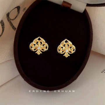 Gold-Tone Openwork Spade Stud Earrings Clear Center Stone