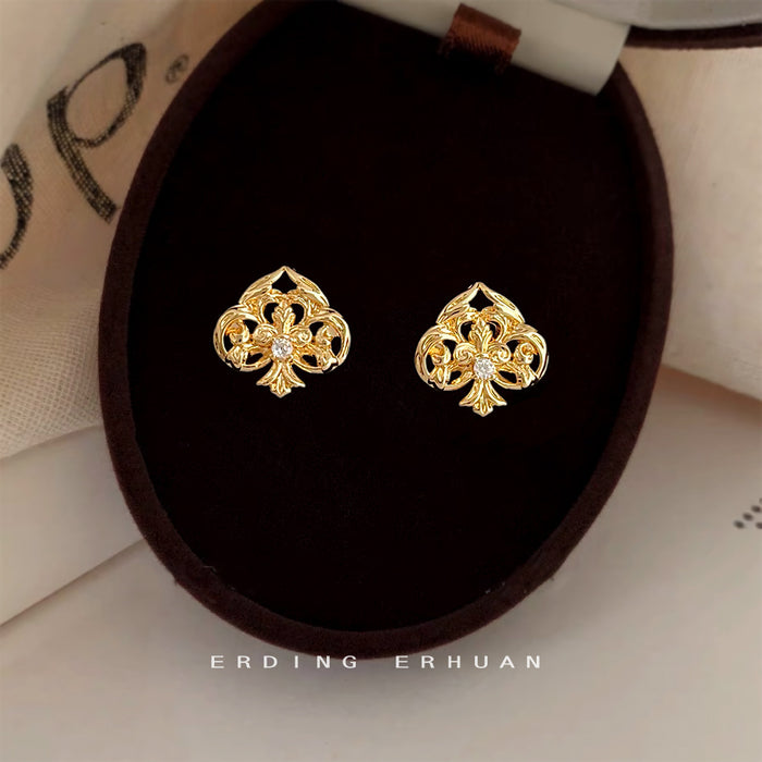 Gold-Tone Openwork Spade Stud Earrings Clear Center Stone