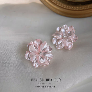 Pink Pearlescent Camellia Flower Stud Earrings Pearl Center