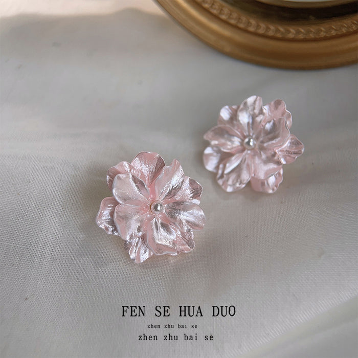 Pink Pearlescent Camellia Flower Stud Earrings Pearl Center