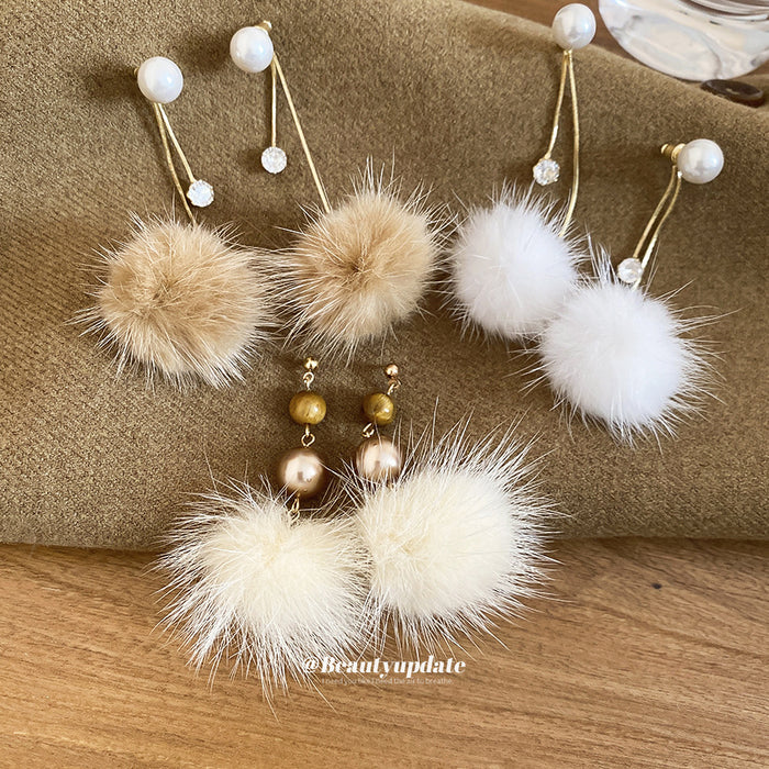 Brown and White Faux Fur Pom Pom Pearl Drop Stud Earrings