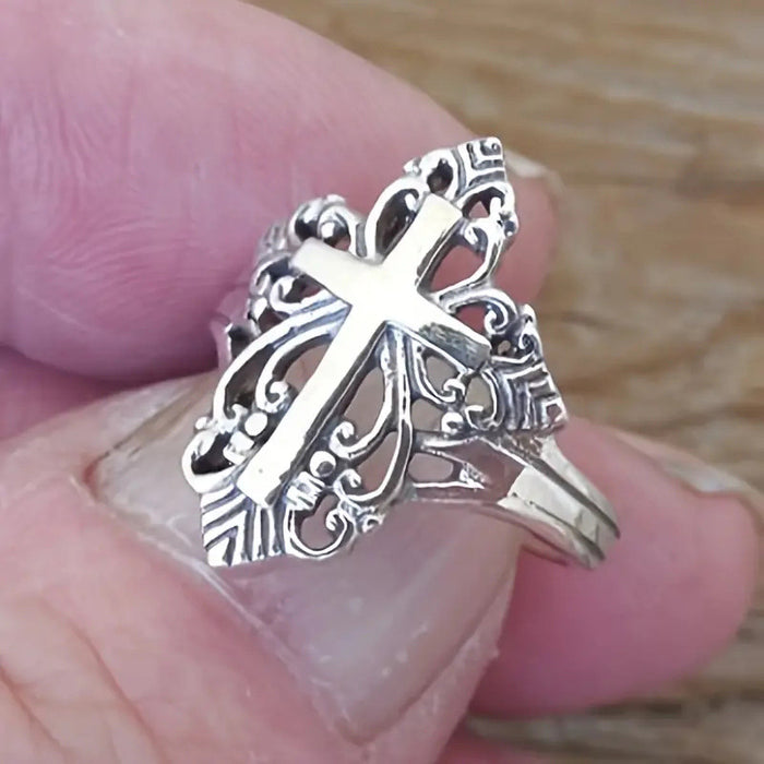Antiqued Silver Cross Crest Openwork Statement Ring
