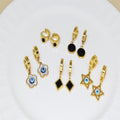 Gold Tone Evil Eye and Black Geometric Huggie Drop Earrings view 3