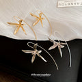 Iris Flower Long Stem Hook Earrings in Gold and Silver view 2