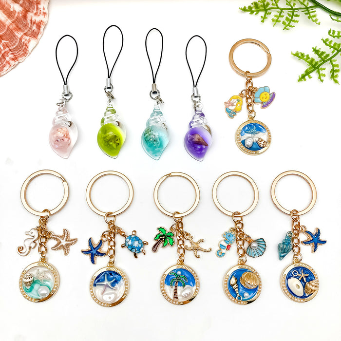 Starfish, Conch and Shell Charm Keychains in 69 Pictured Variations for Bags and Keys