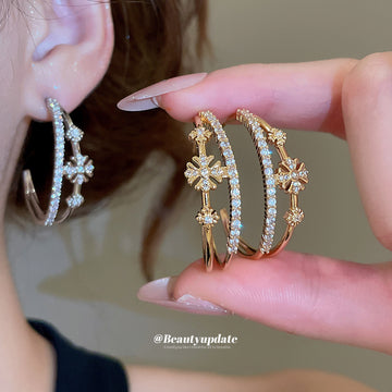 Silver Tone Crystal Star And Moon Double Hoop Earrings