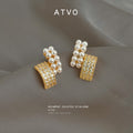 Gold Tone White Pearl And Pave Clear Stone Reversible Stud Earrings view 3