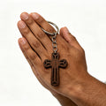 Dark Wood Open Cross Keychain With Split Ring and Chain view 4