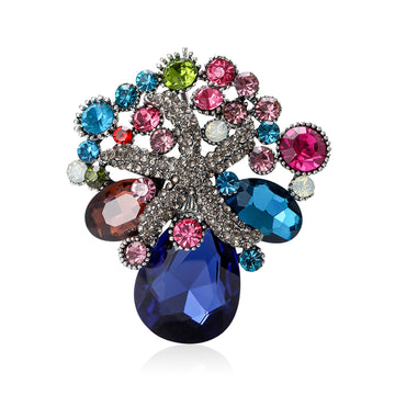 Silver Multicolor Rhinestone Tree Brooch Glass Stones