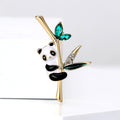 Playful Panda on Bamboo Brooch with Green Crystal Leaves view 1