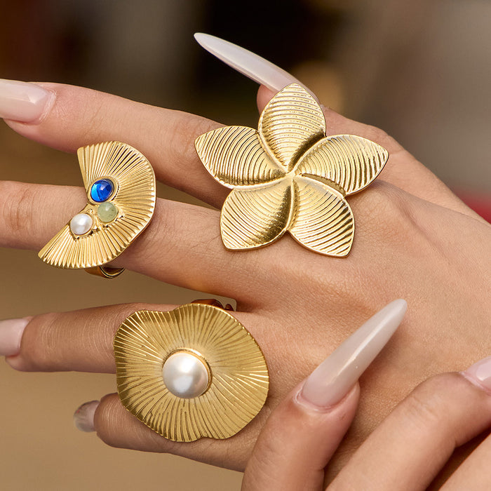 Gold Flower Fan Pearl Statement Rings Open Band Styles