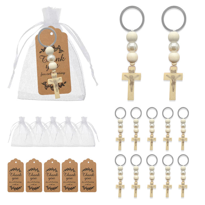 Wood Bead Loop and Carved Crucifix Keychain and Attached Hardware
