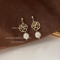 Gold Openwork Rose Drop Earrings White Baroque Pearl Ends view 2