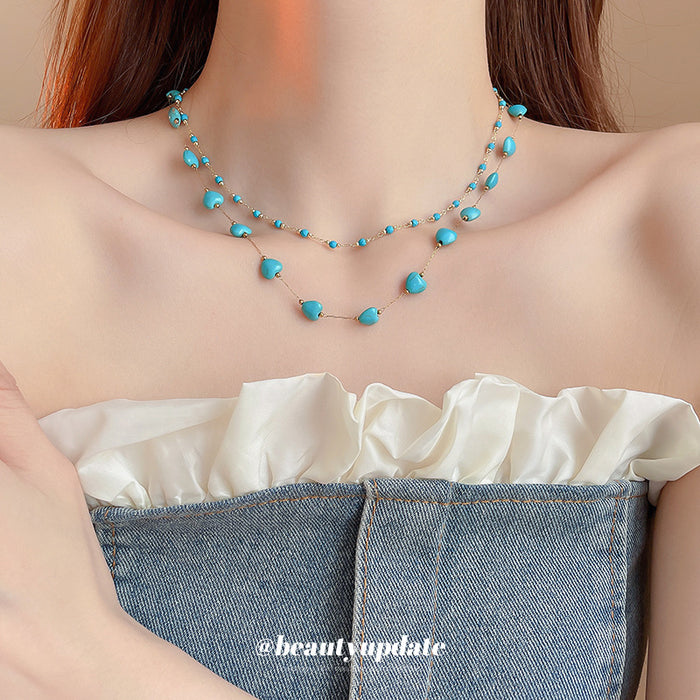 Gold Turquoise Bead Necklace Round and Heart Two Styles