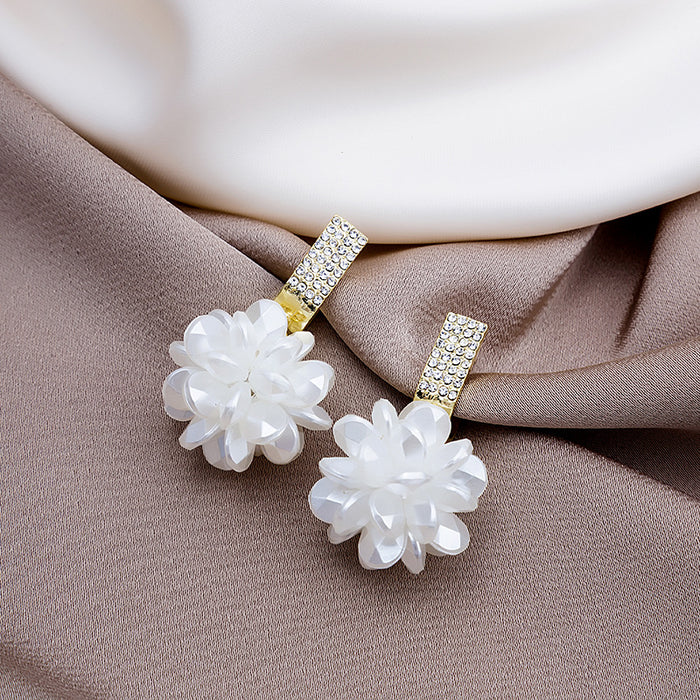 White Petal Cluster Crystal Look Gold Huggie Earrings