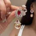 Red Teardrop and Crystal Floral Drop Stud Earrings view 1