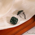 Green Faceted Stone Dark Silver Square Stud Earrings view 2