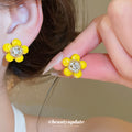 Yellow Round Bead Flower And Crystal Center Stud Earrings view 2