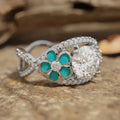 Silver Tone Turquoise Enamel Flower Ring Large Clear Center view 2