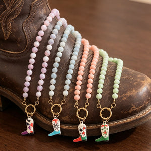 Pastel Round Bead Necklace With Painted Cowboy Boot Charm