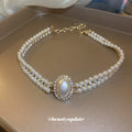 Double Strand Pearl Choker Oval Pearl Crystal Halo Center view 4