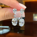 White Metal Pear Oval Clear Stone Dangle Drop Earrings view 2