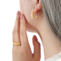 J Shape Pearl Rhinestone Dual Curve Earrings Gold Steel view 4