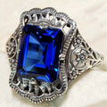 Royal Blue Rectangular Crystal Filigree Ring in Silver Tone view 3