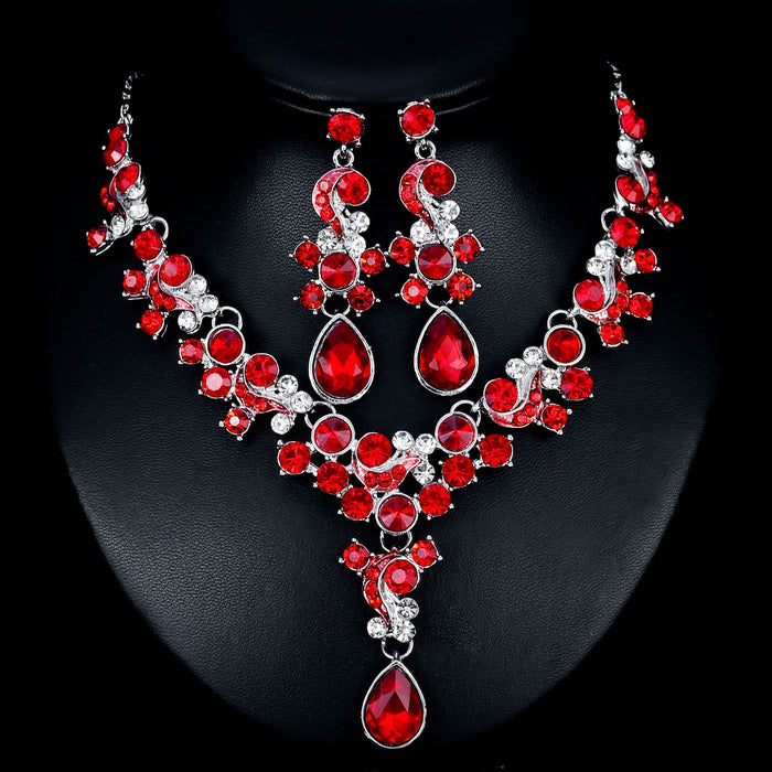 Red Black Red Crystal Floral Teardrop Crystal Three Designs Metal Necklace and Earring Set