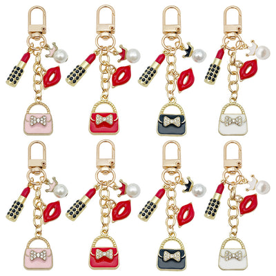 Main display of four color handbag lipstick and lips chain keychains