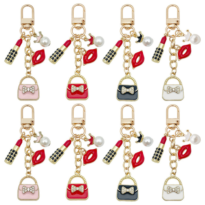 Four Color Handbag Lipstick and Lips Chain Keychains
