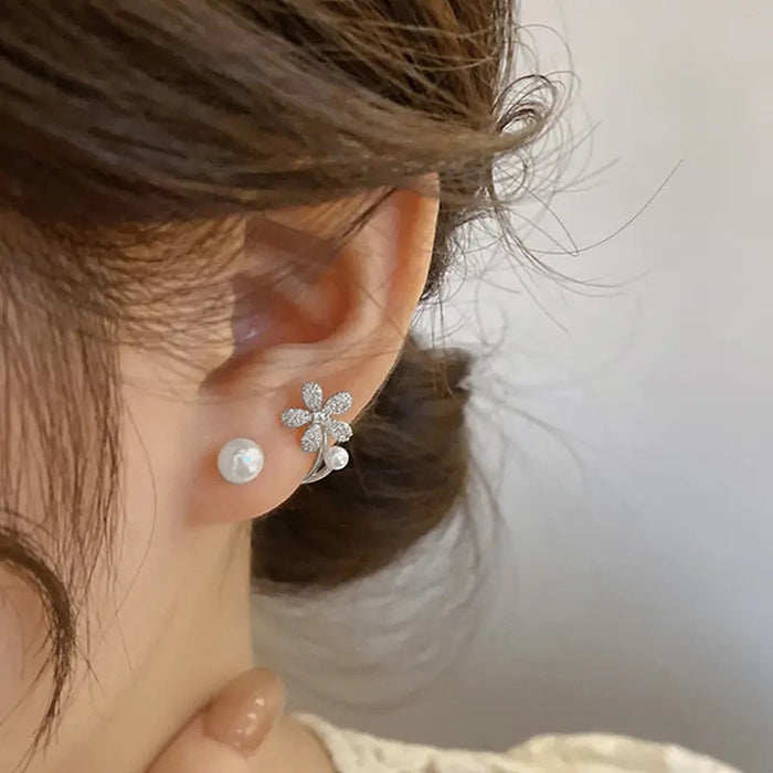 Crystal Flower Pearl Ear Jacket Earrings Polished Statement Fashion Jewelry