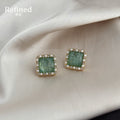 Gold Tone Green Square Stone Pearl Like Border Stud Earrings view 3