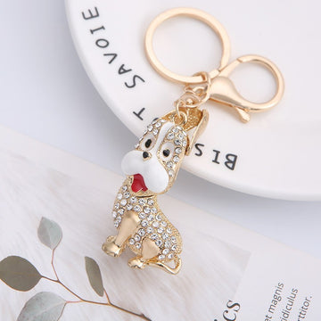 Rhinestone Enamel Sitting Puppy Keychain Gold Clasp