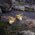 Gold Tone Bird And White Pearl Earrings In Stud And Clip On Styles view 6