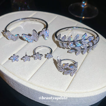Crystal Butterfly Cuff Leaf Set Flower Studs Open Ring
