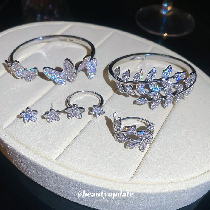 Crystal Butterfly Cuff Leaf Set Flower Studs Open Ring