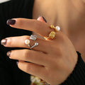 Open Ring Pearl Ball Textured Nugget Gold Steel Metal Band view 3