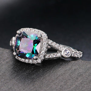 Multicolor Mystic Cushion Halo Crystal Ring Sizes 6-10
