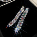 Multicolor Crystal Fringe Earrings With Polished Metal Tone Details view 6
