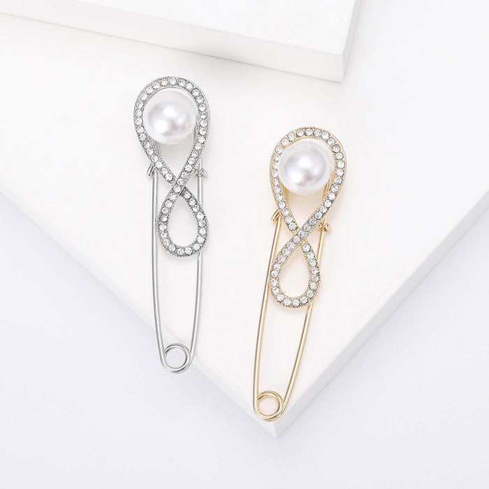 Infinity Loop Pearl Safety Pin Brooch in Silver and Gold